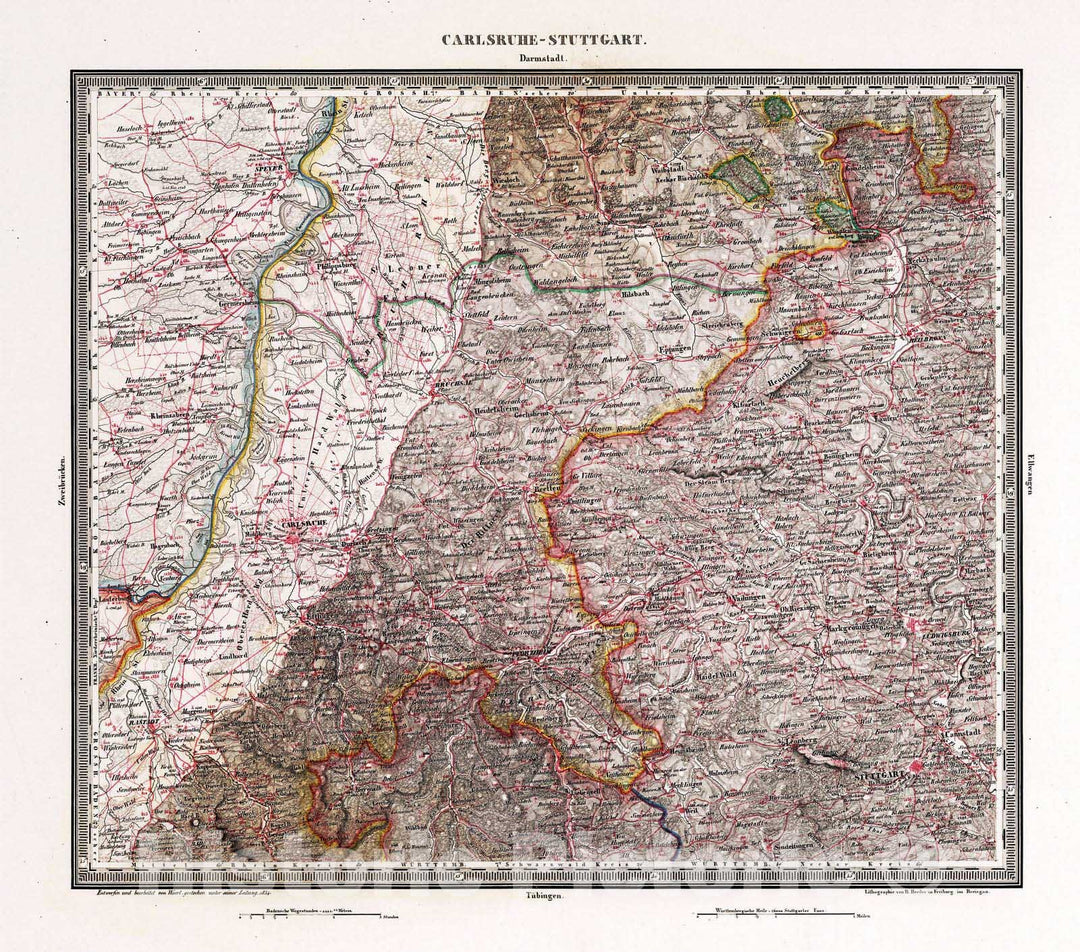 Historic Map : Germany, , Europe 1834 Carlsruhe - Stuttgart , Vintage Wall Art