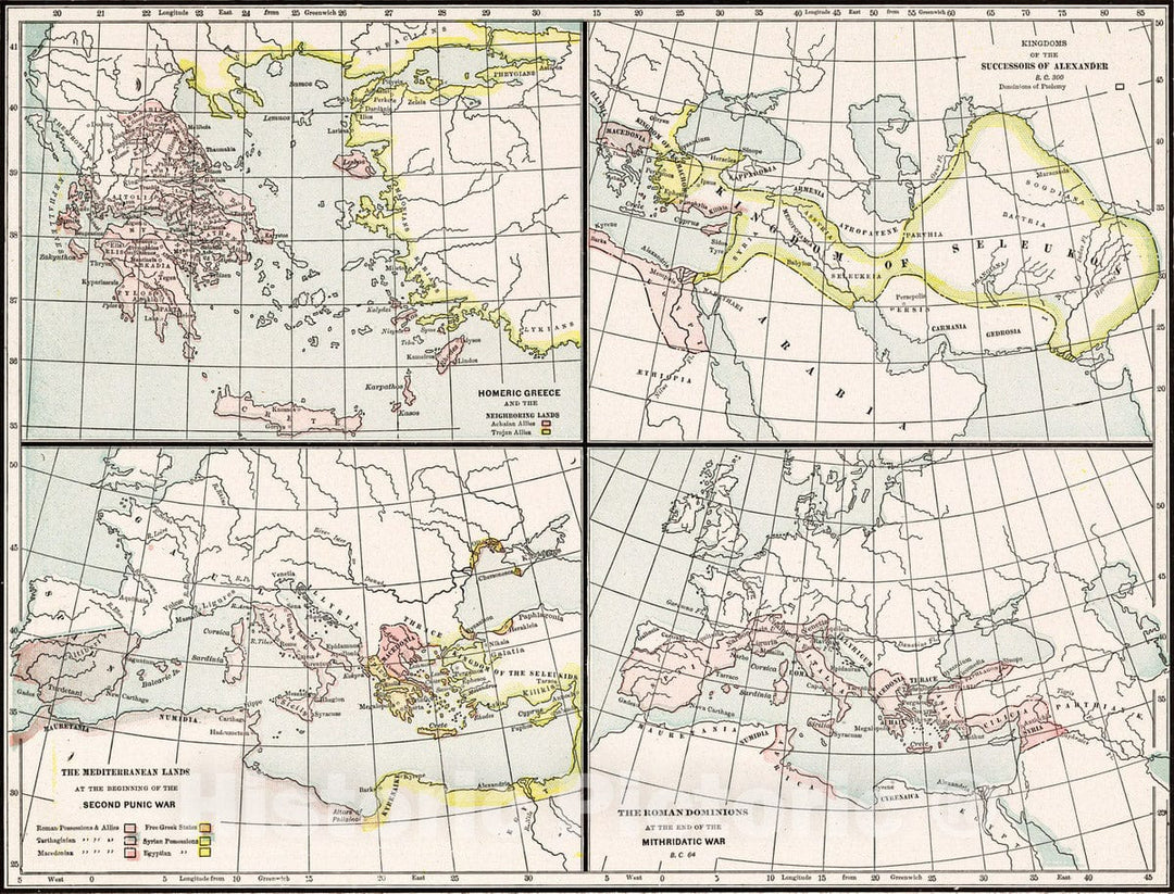 Historic Map : 1901 Homeric Greece, Kingdoms of Successors of Alexander, Mediterranean Lands, Rome Dominions - Vintage Wall Art