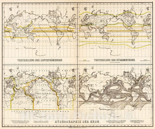 Historic Map : 1886 Distribution of: Air Currents. Precipitation. Temperatures. Ocean Currents. - Vintage Wall Art