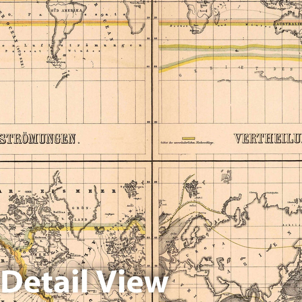 Historic Map : 1886 Distribution of: Air Currents. Precipitation. Temperatures. Ocean Currents. - Vintage Wall Art