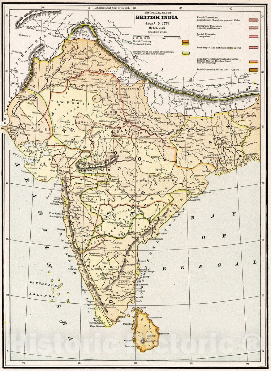 Historic Map : Historical map of British India. Since A.D. 1751 - Vintage Wall Art