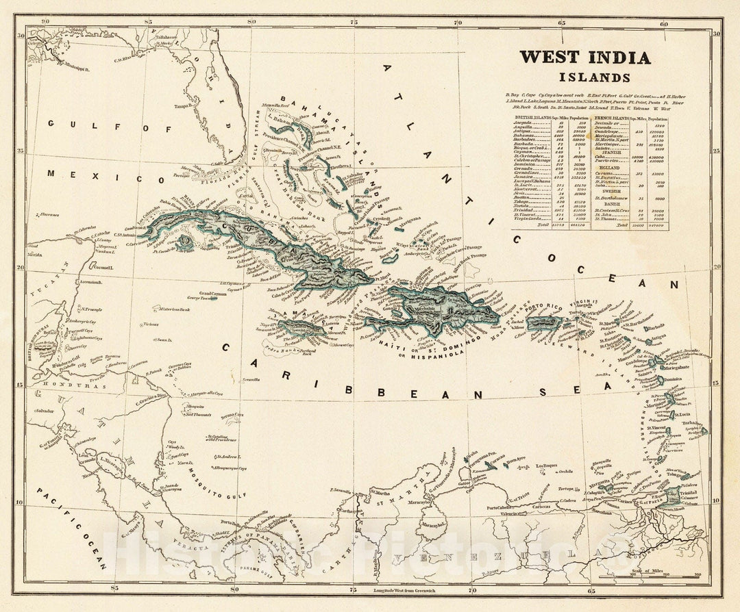 Historic Map : National Atlas - 1845 West India Islands. - Vintage Wall Art