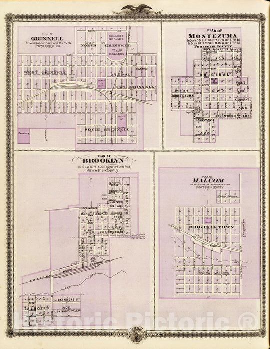 Historic Map : 1875 Plans of Brooklyn, Grinnell, Montezuma and Malcolm, State of Iowa. - Vintage Wall Art