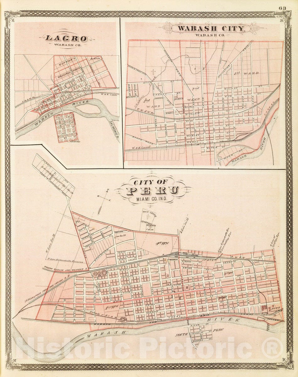 Historic Map : 1876 City of Peru, Miami Co, Ind. (with) Lagro (and) Wabash City, Wabash Co. - Vintage Wall Art