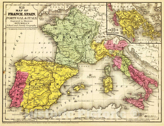 Historic Map : School Atlas - 1847 France, Spain, Portugal, Italy. - Vintage Wall Art