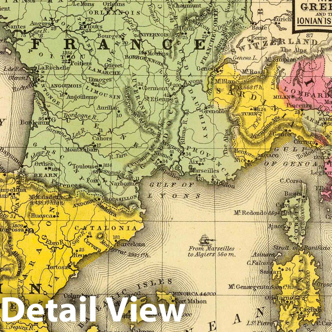 Historic Map : School Atlas - 1847 France, Spain, Portugal, Italy. - Vintage Wall Art