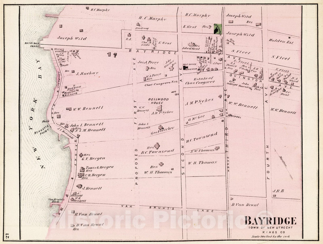 Historic Map : 1873 Bayridge. Long Island. - Vintage Wall Art