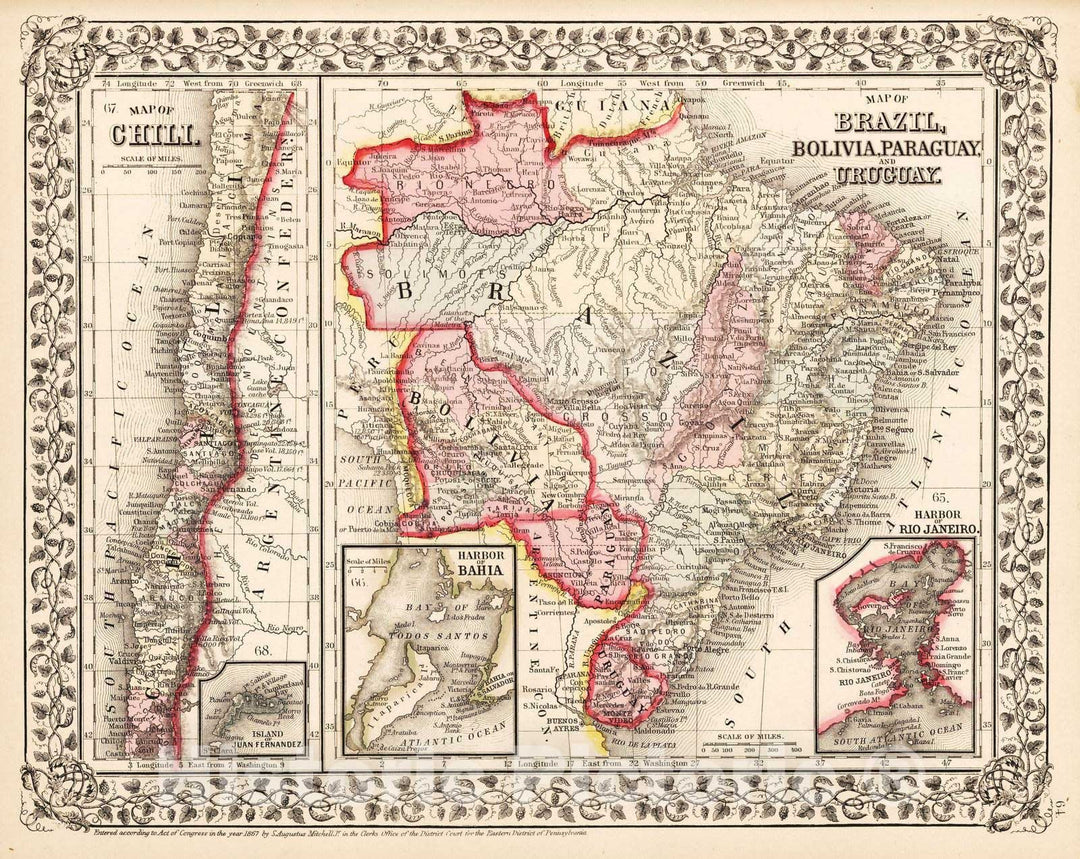 Historic Map : 1868 Map of Brazil, Bolivia, Paraguay, and Uruguay - Vintage Wall Art