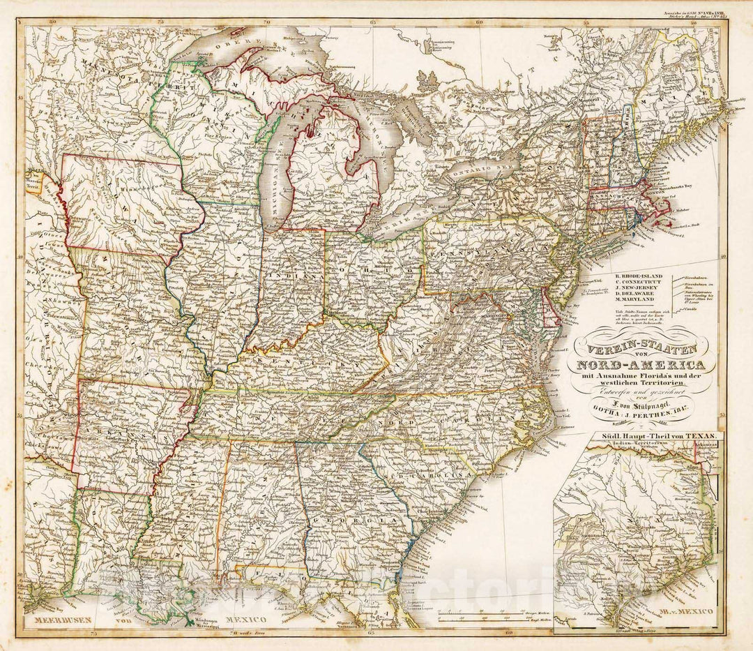 Historic Map : United States, 1851 Verein-Staaten von Nord-Amerika. (North America). , Vintage Wall Art