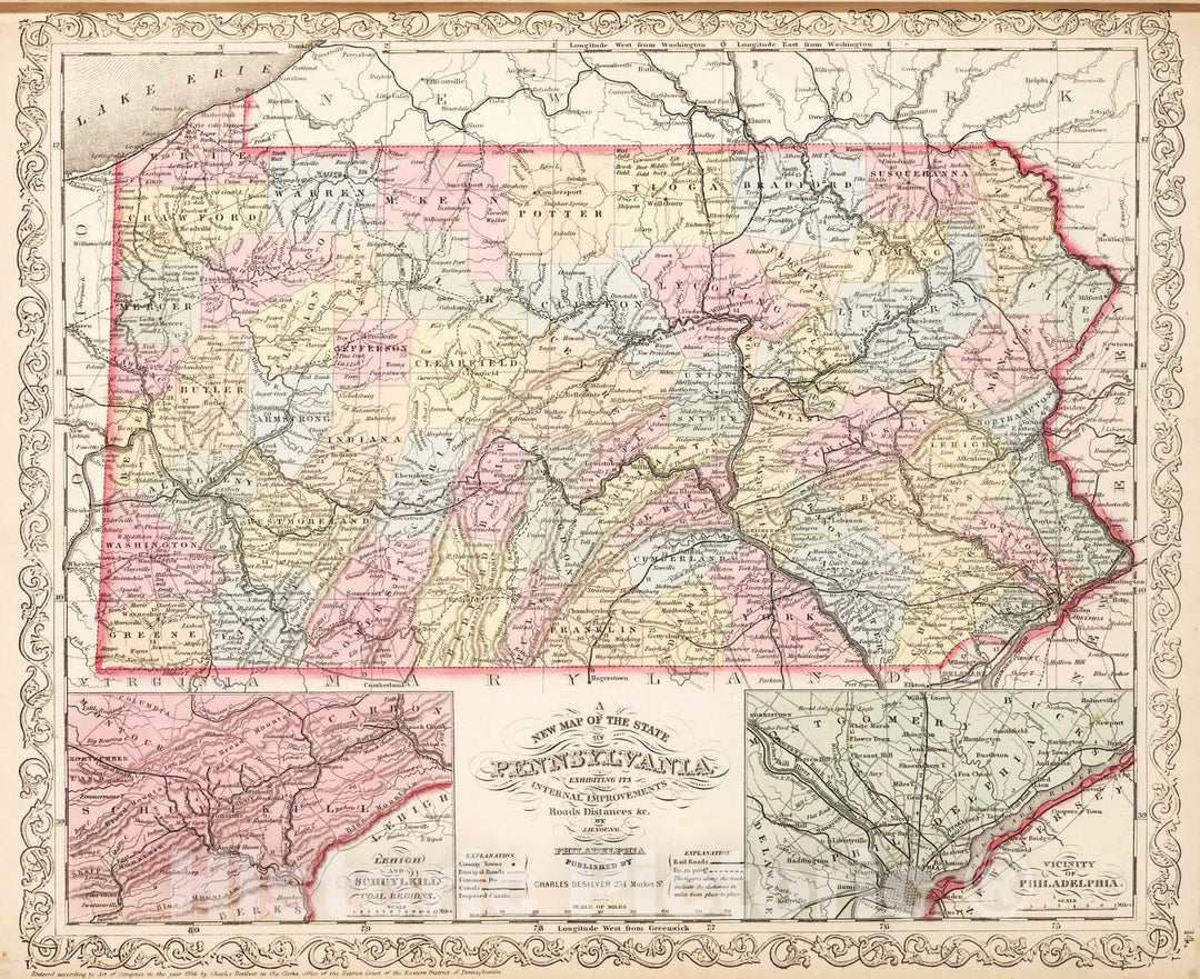 Historic Map : 1857 A New Map of the State of Pennsylvania - Vintage Wall Art