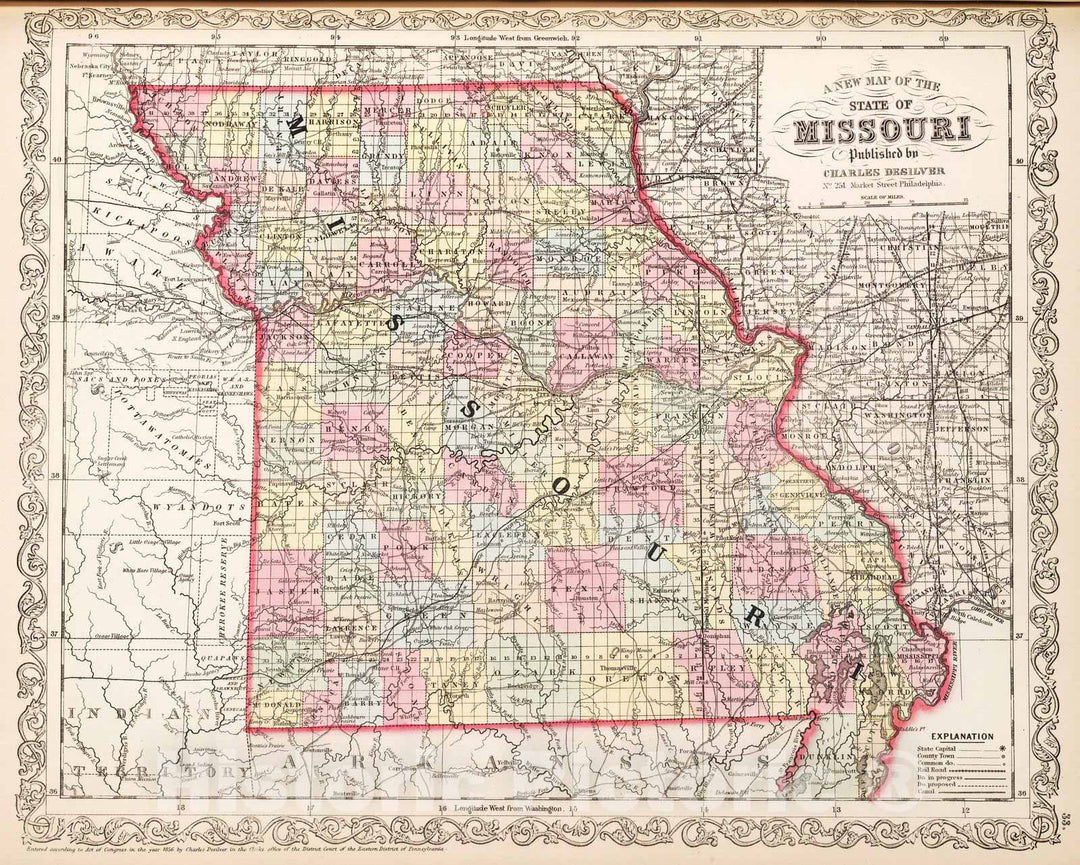 Historic Map : 1857 A New Map of the State of Missouri - Vintage Wall Art