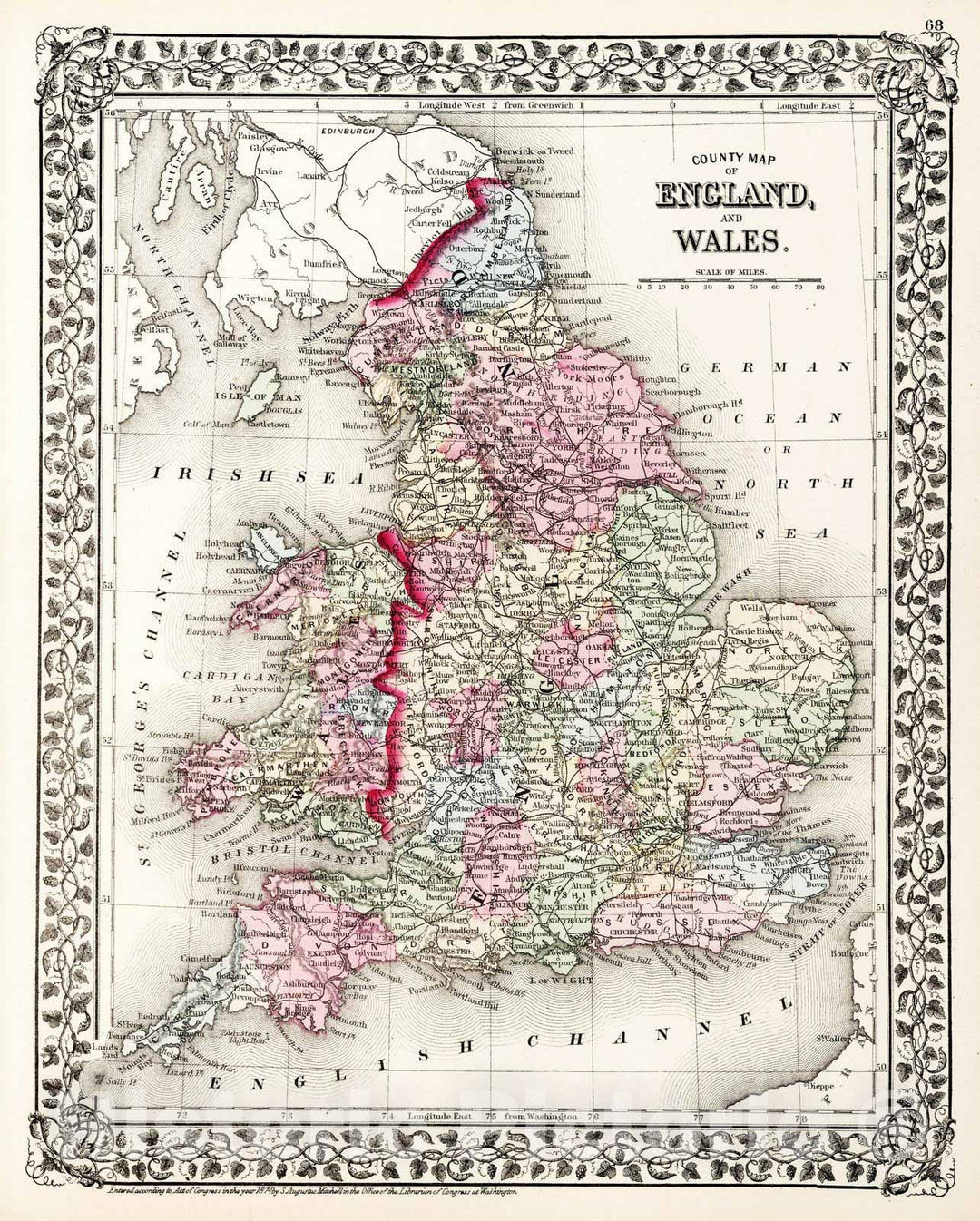 Historic Map : 1874 County Map of England and Wales : Vintage Wall Art