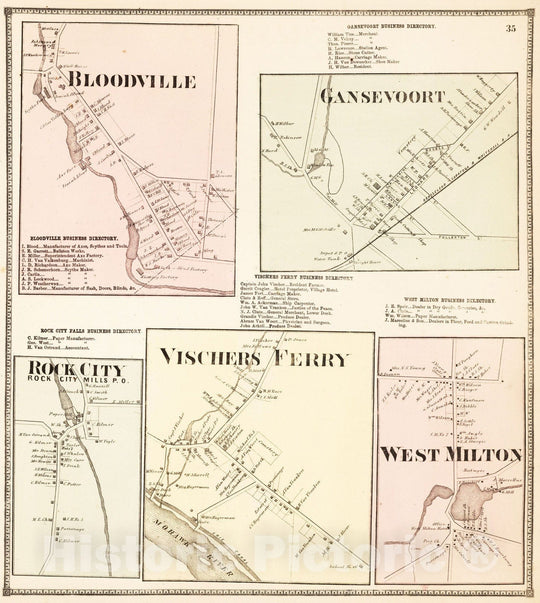 Historic Wall Map : 1866 Bloodville (Ballston Spa). Gansevoort. Rock City (Rock City Falls). Vischers Ferry. West Milton, New York. - Vintage Wall Art