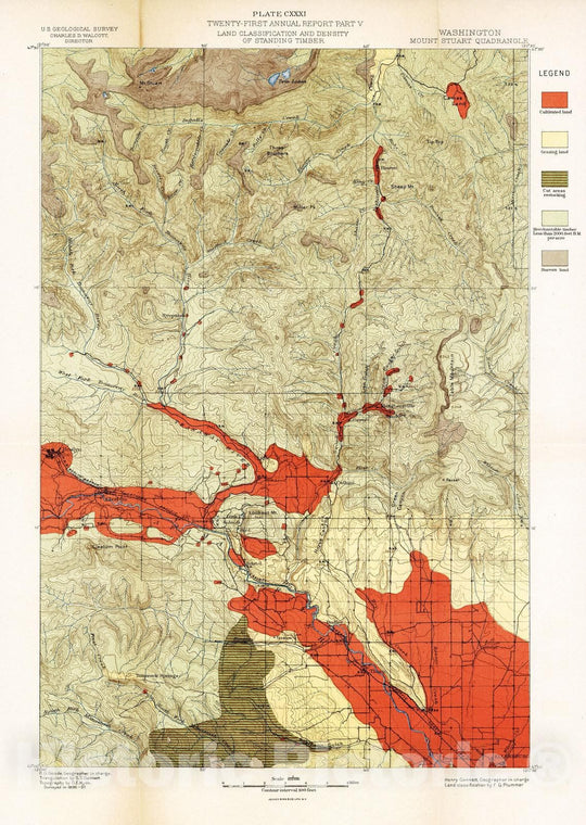 Historic Map : Geologic Atlas - 1900 Plate CXXXI. Mount Stuart Quadrangle, Washington, Land Classification and Density of Standing Timber. - Vintage Wall Art