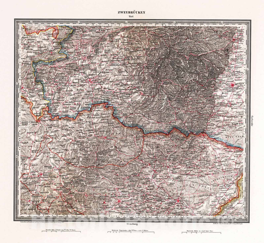 Historic Map : Germany, , Europe 1833 Zweybrucken , Vintage Wall Art