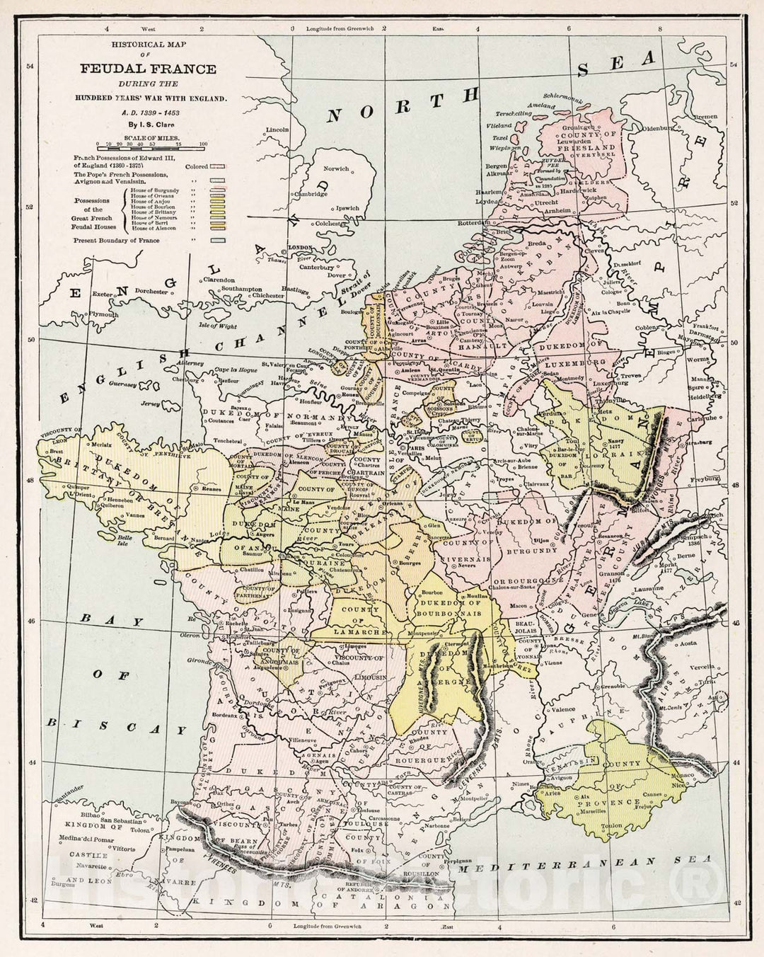 Historic Map - 1901 Historical map of Feudal France the hundred years' war with England. A.D. 1339-1453, Atlas - Vintage Wall Art