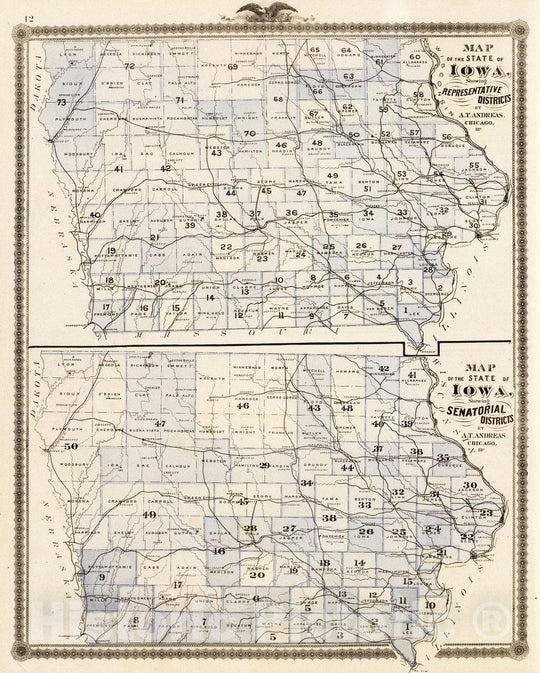 Historic Map : 1875 Maps of the State of Iowa showing representative districts, senatorial districts. - Vintage Wall Art