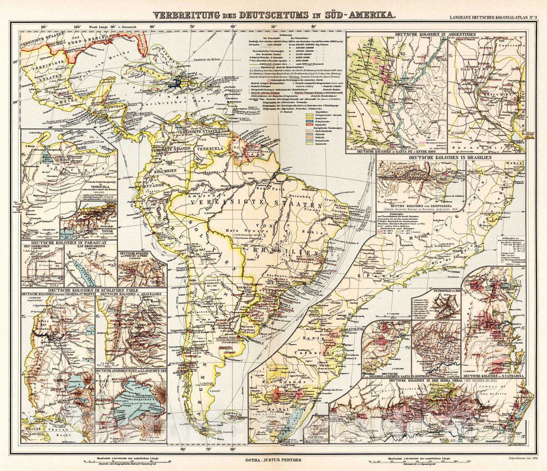 Historic Map : 1896 Nr. 9. Verbreitung des Deutschtums in Sued-Amerika. (Spread of Germanism in South America.) - Vintage Wall Art