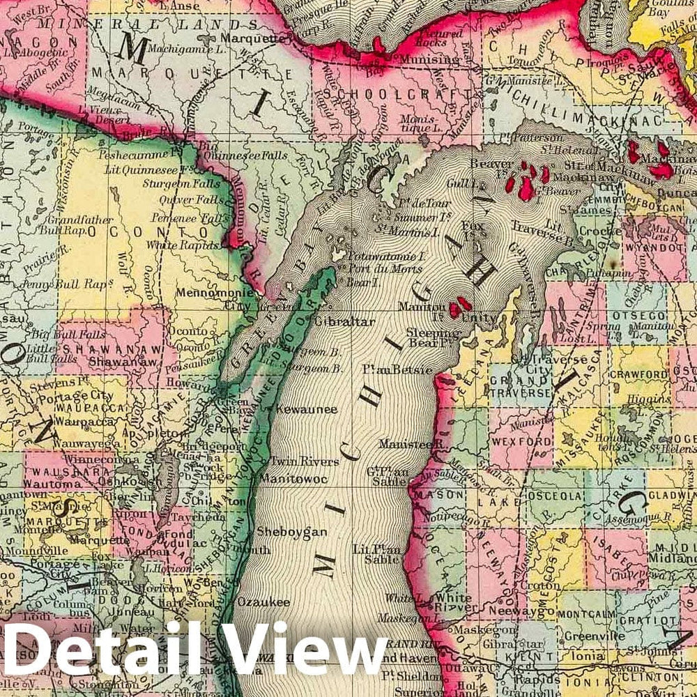 Historic Wall Map : 1860 County Map Of Michigan, And Wisconsin. - Vintage Wall Art