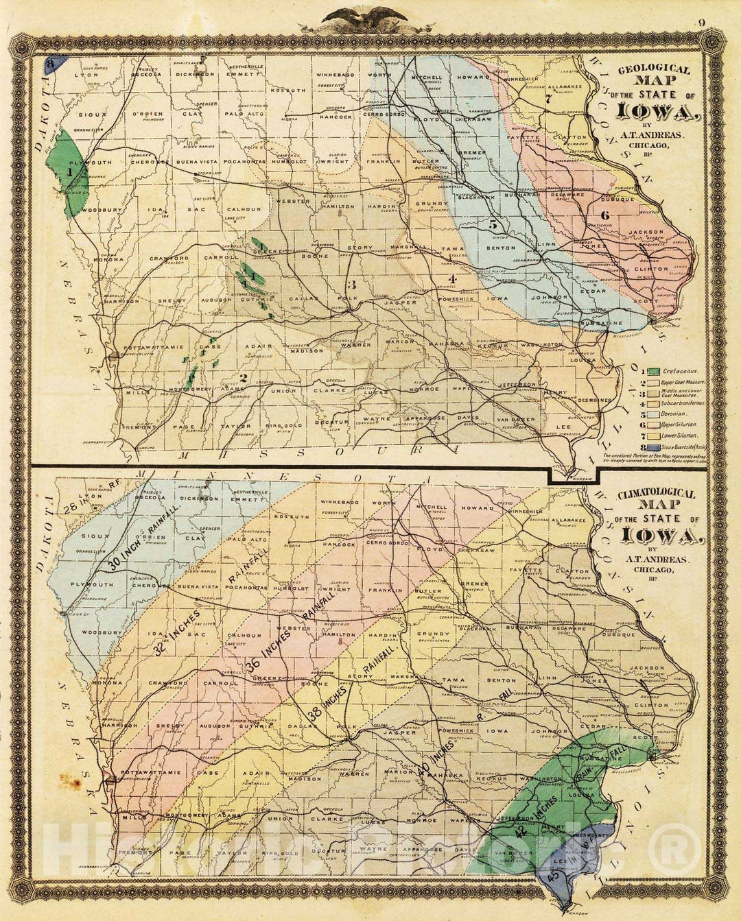 Historic Map : 1875 Geological map of the State of Iowa, Climatological map of the State of Iowa. - Vintage Wall Art