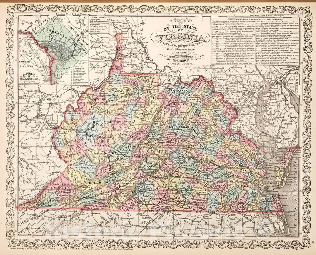 Historic Map : 1857 A New Map of the State of Virginia - Vintage Wall Art