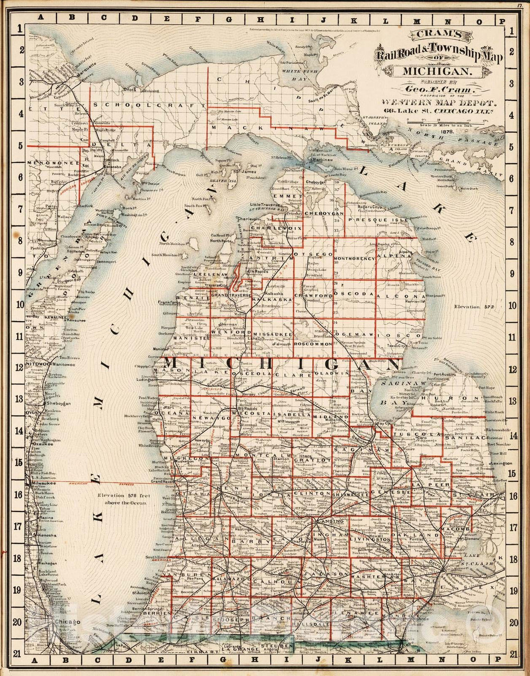 Historic Map : National Atlas - 1878 Michigan. - Vintage Wall Art