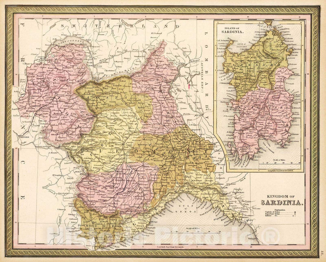 Historic Map : 1850 Kingdom of Sardinia. - Vintage Wall Art