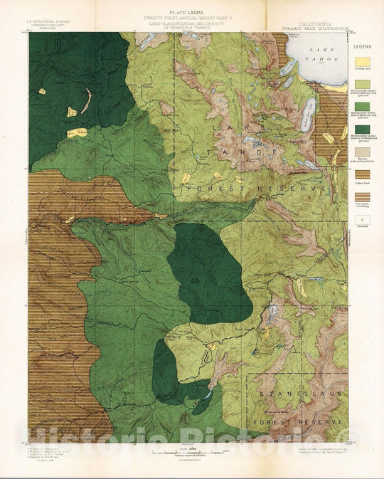 Historic Map : Geologic Atlas - 1889 Plate LXXXVI. Pyramid Peak Quadrangle, Land Classification and Density of Standing Timber. - Vintage Wall Art