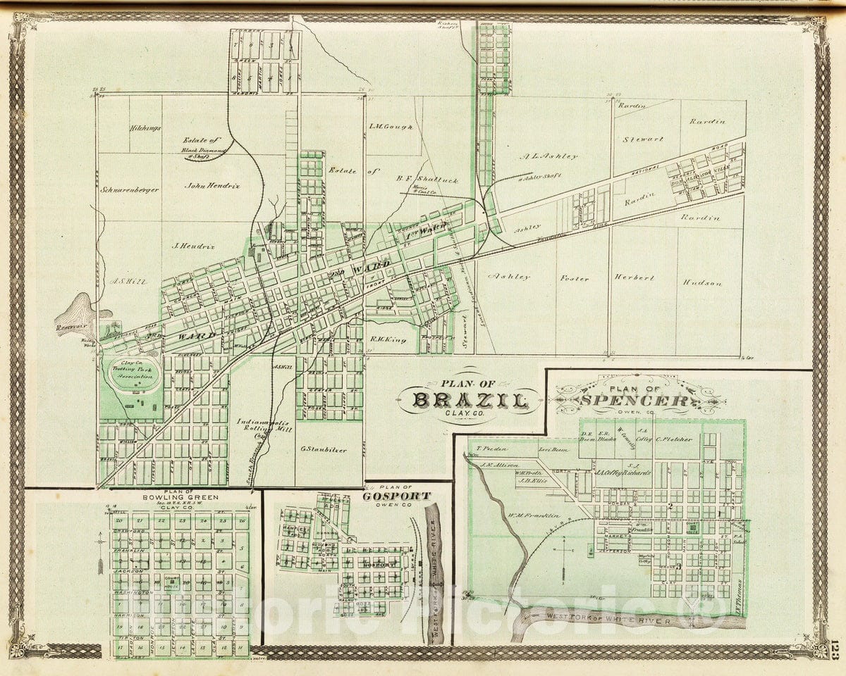 Historic Map : 1876 Plan of Brazil, Clay Co. (with) Bowling Green, Gosport, Spencer. - Vintage Wall Art