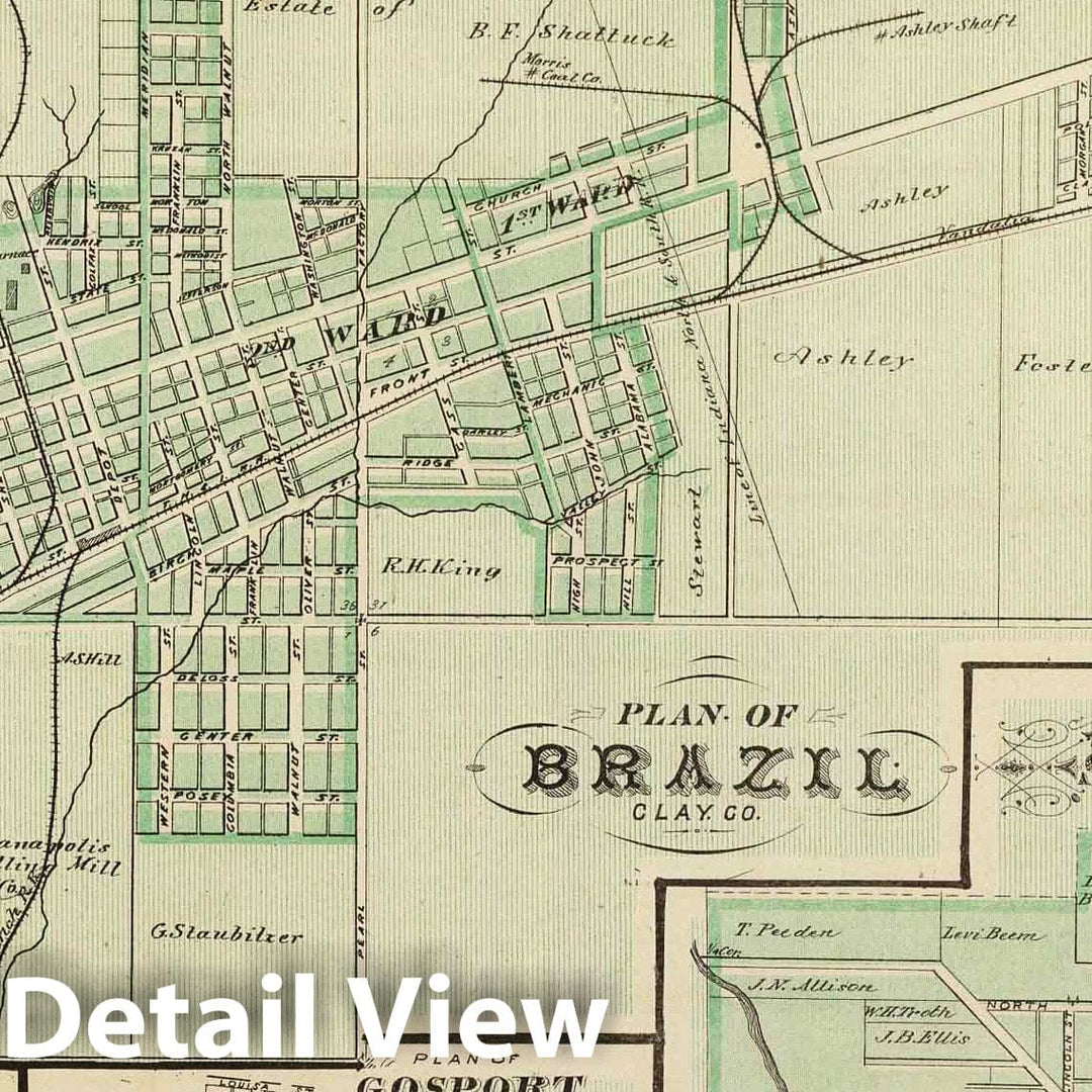 Historic Map : 1876 Plan of Brazil, Clay Co. (with) Bowling Green, Gosport, Spencer. - Vintage Wall Art