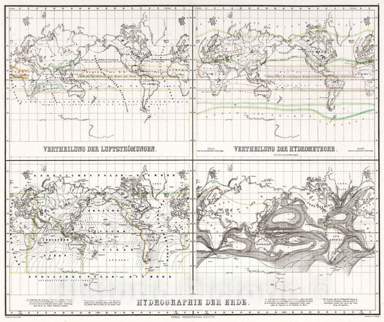 Historic Map : 1879 Distribution of: Air Currents. Precipitation. Temperatures. Ocean Currents. - Vintage Wall Art