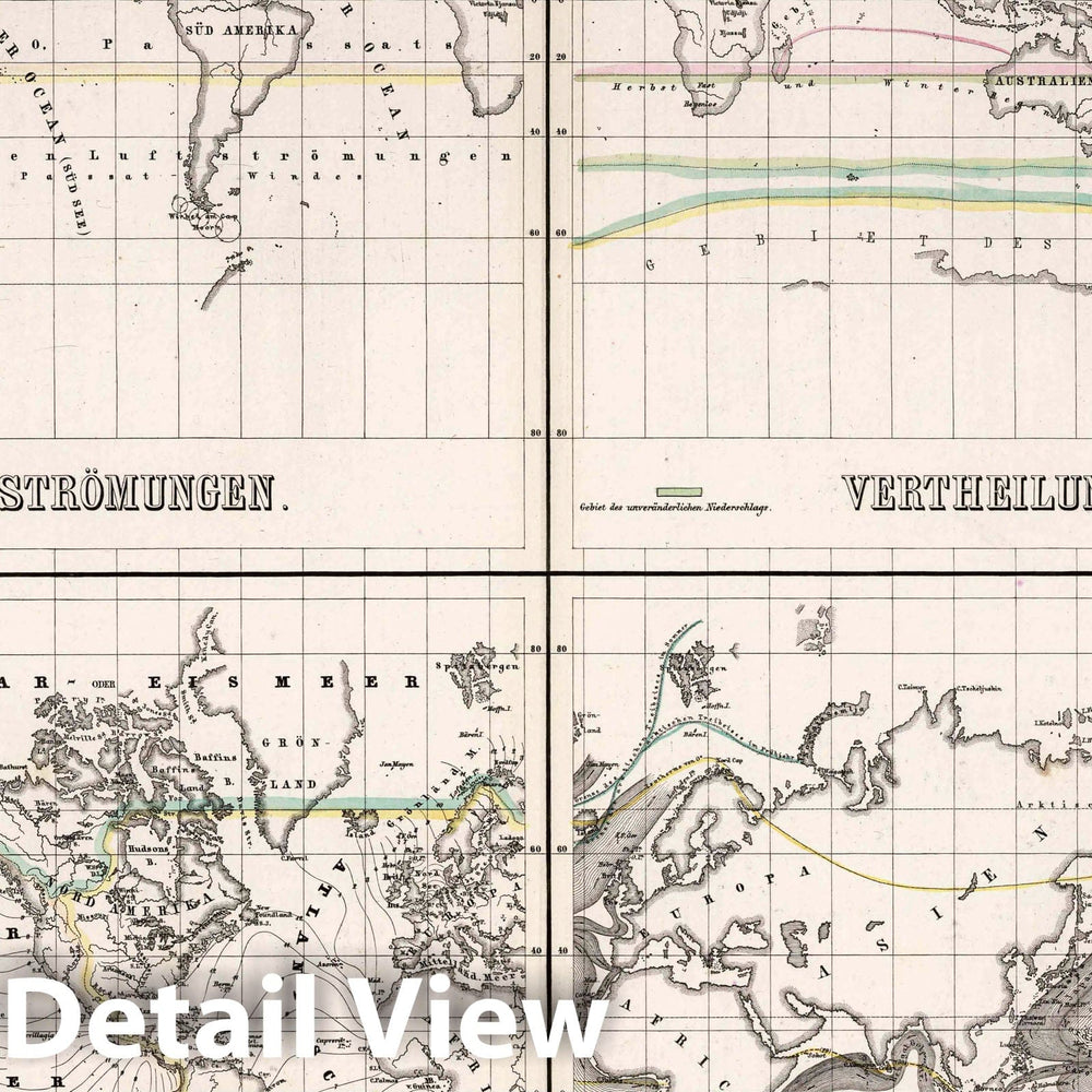 Historic Map : 1879 Distribution of: Air Currents. Precipitation. Temperatures. Ocean Currents. - Vintage Wall Art