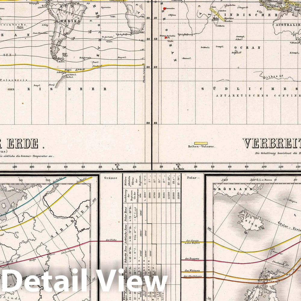 Historic Map : 1879 Isotherms of the earth. Spreading of the Volcanos. Trees and bush plants in Europe. Cultural plants in Europe. - Vintage Wall Art