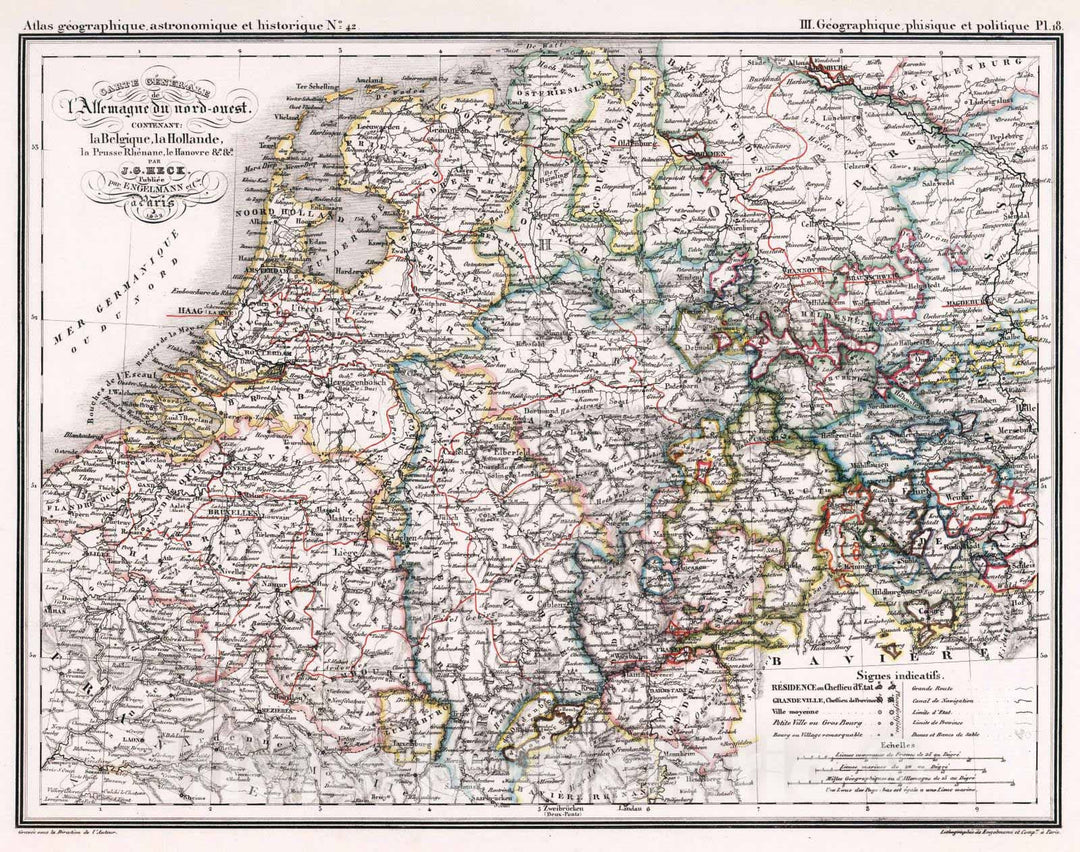 Historic Map : Netherlands, 1832 42. Carte Generale de l'Allemagne du nord-ouest contenant: la Belgique, la Hollande, la Prusse Rhenane, le Hanovre &. , Vintage Wall Art