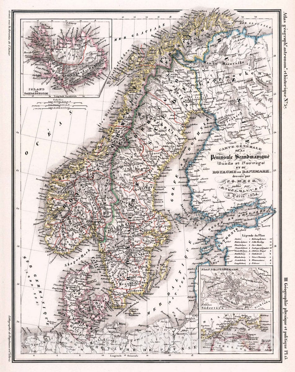 Historic Map : Denmark, Scandinavia 1834 37. Carte Generale de la Peninsule Scandinavique (Suede et Norwege) et Danemark. , Vintage Wall Art