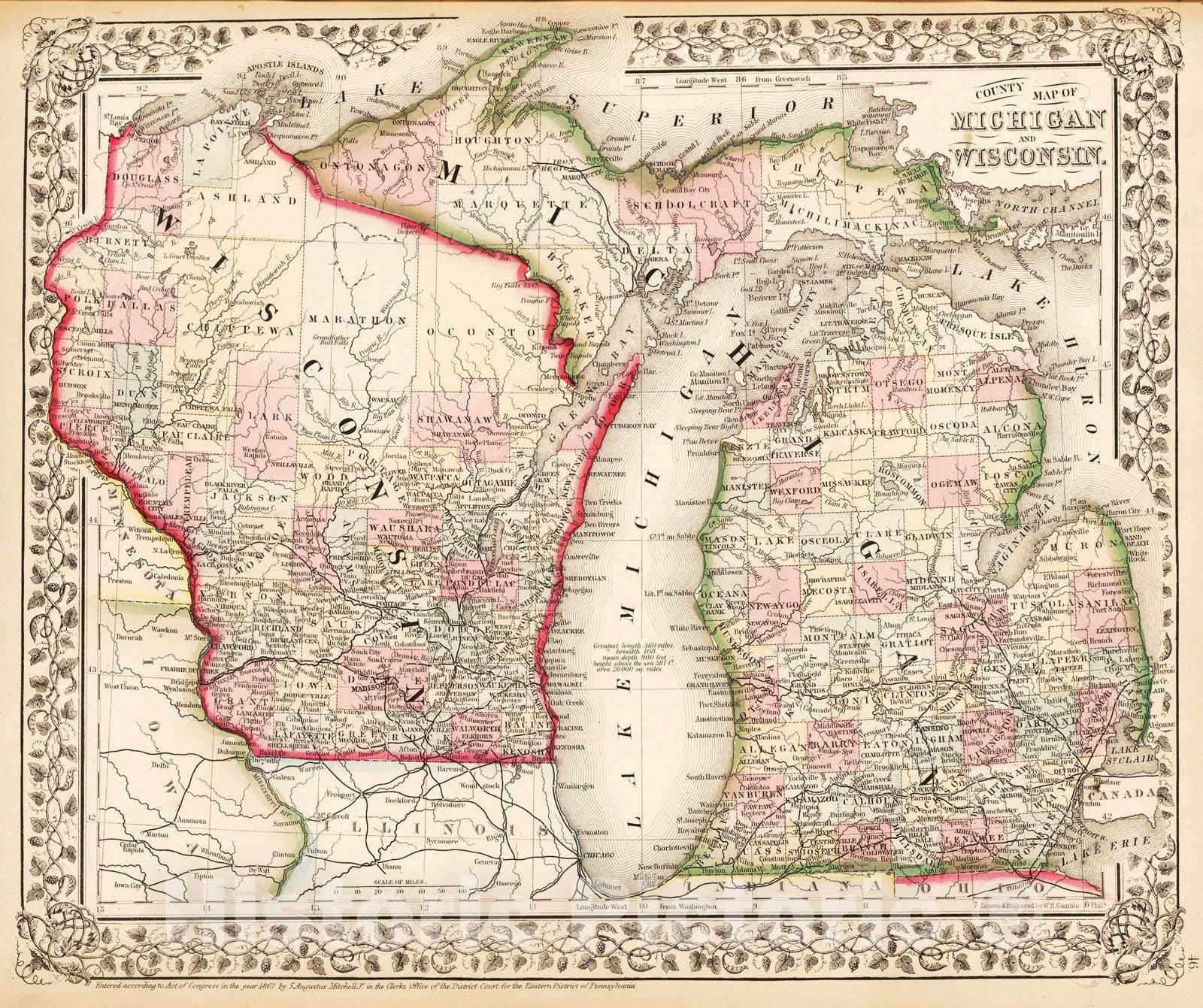 Historic Map : 1868 County map of Michigan and Wisconsin - Vintage Wall Art