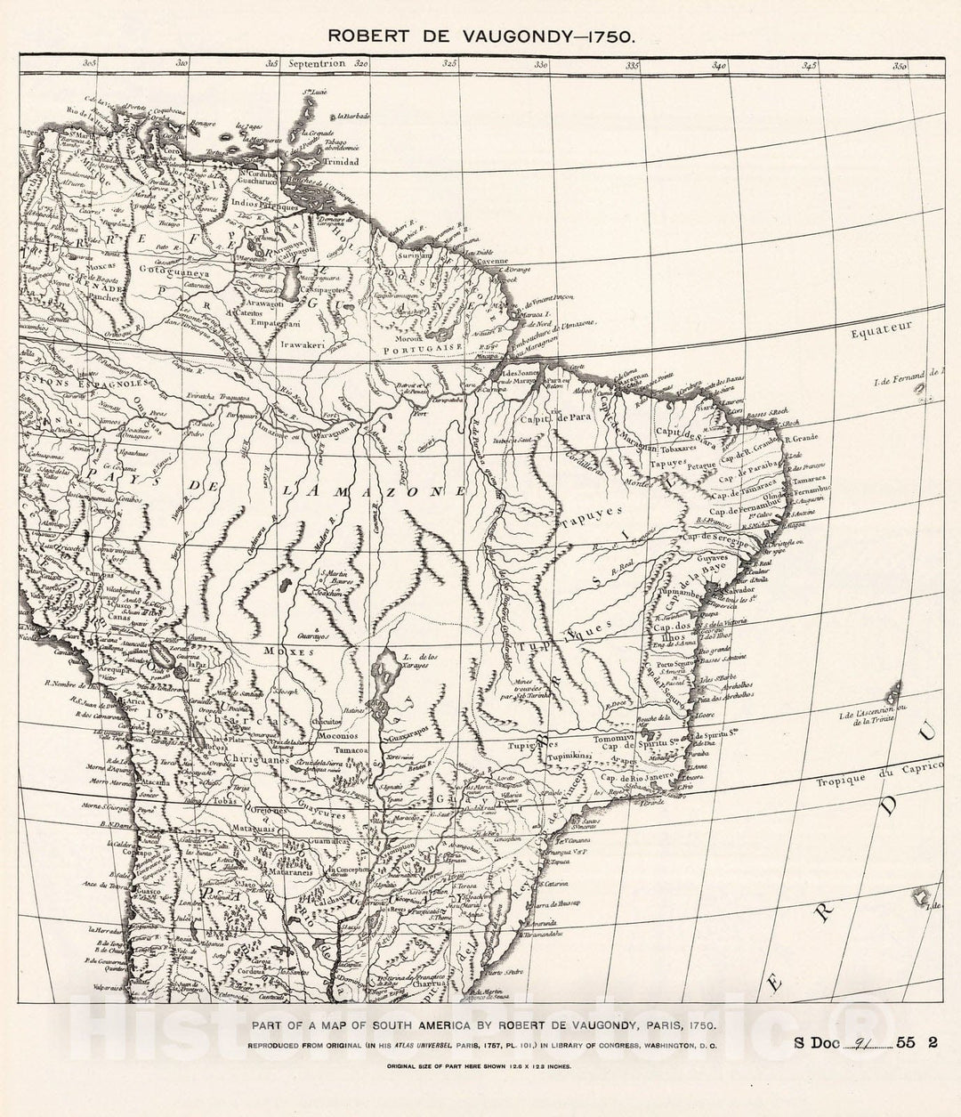 Historic Map : National Atlas - 1750 Part of South America by de Vaugondy. - Vintage Wall Art