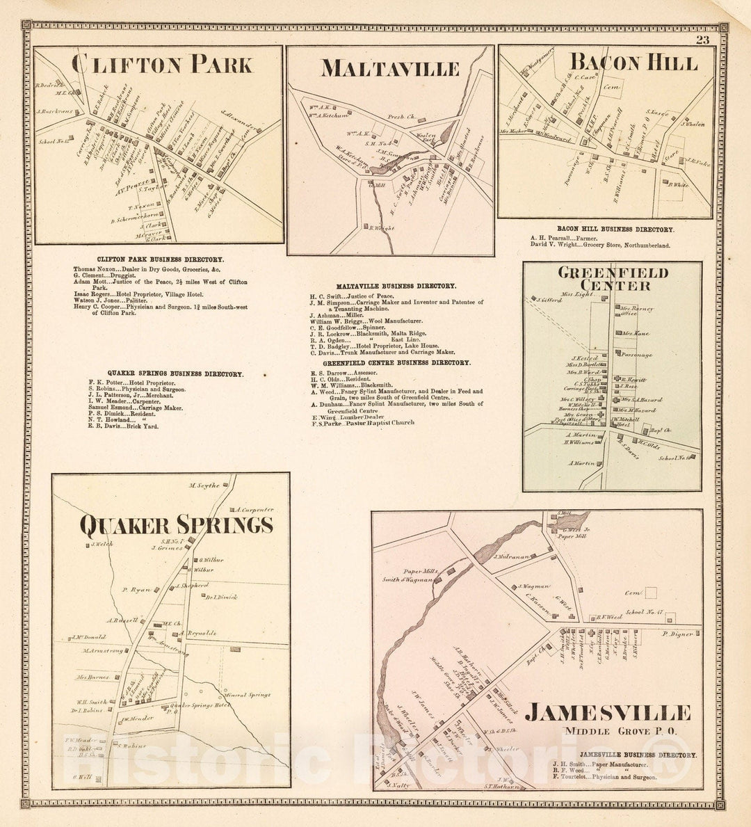 Historic Map : 1866 Clifton Park. Maltaville. Bacon Hill. Greenfield Center. Quaker Springs. Jamesville, Middle Grove P.O, New York. - Vintage Wall Art