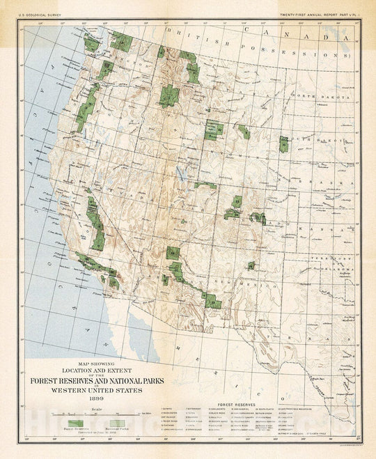 Historic Map : Geologic Atlas - 1900 Plate I. The Forest Reserves and National Parks in Western United States, 1899. - Vintage Wall Art