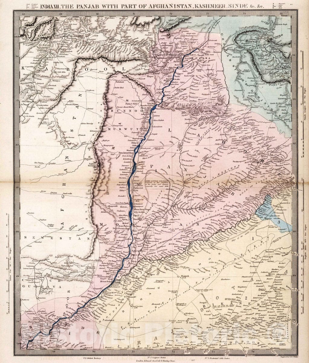 Historic Map : 1856 India XII. The Punjab with part of Afghanistan, Kashmeer, Sinde &c. - Vintage Wall Art