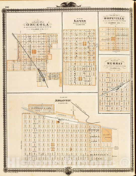 Historic Map : 1875 Plans of Atlantic, Osceola, Lewis, Hopeville and Murray, State of Iowa. - Vintage Wall Art