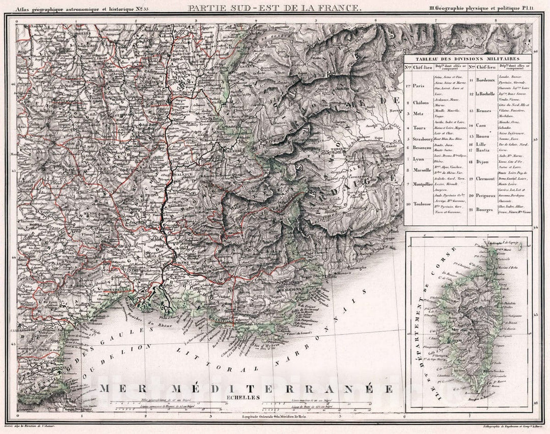 Historic Map : France, Corsica 1834 35. Partie Sud-Est de la France. , Vintage Wall Art