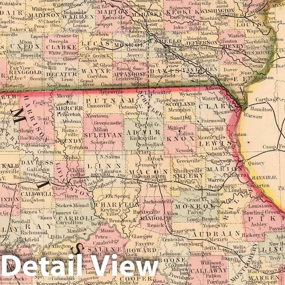 Historic Map : 1868 County map of the States of Iowa and Missouri - Vintage Wall Art