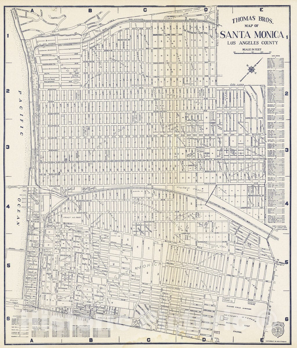 Historic Map - 1938 Thomas Bros. Map of Santa Monica, Los Angeles County, California. - Vintage Wall Art