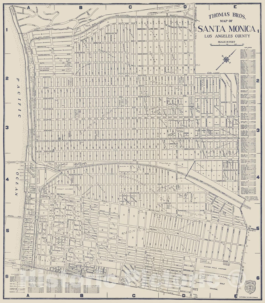 Historic Map - 1938 Thomas Bros. Map of Santa Monica, Los Angeles County, California. - Vintage Wall Art