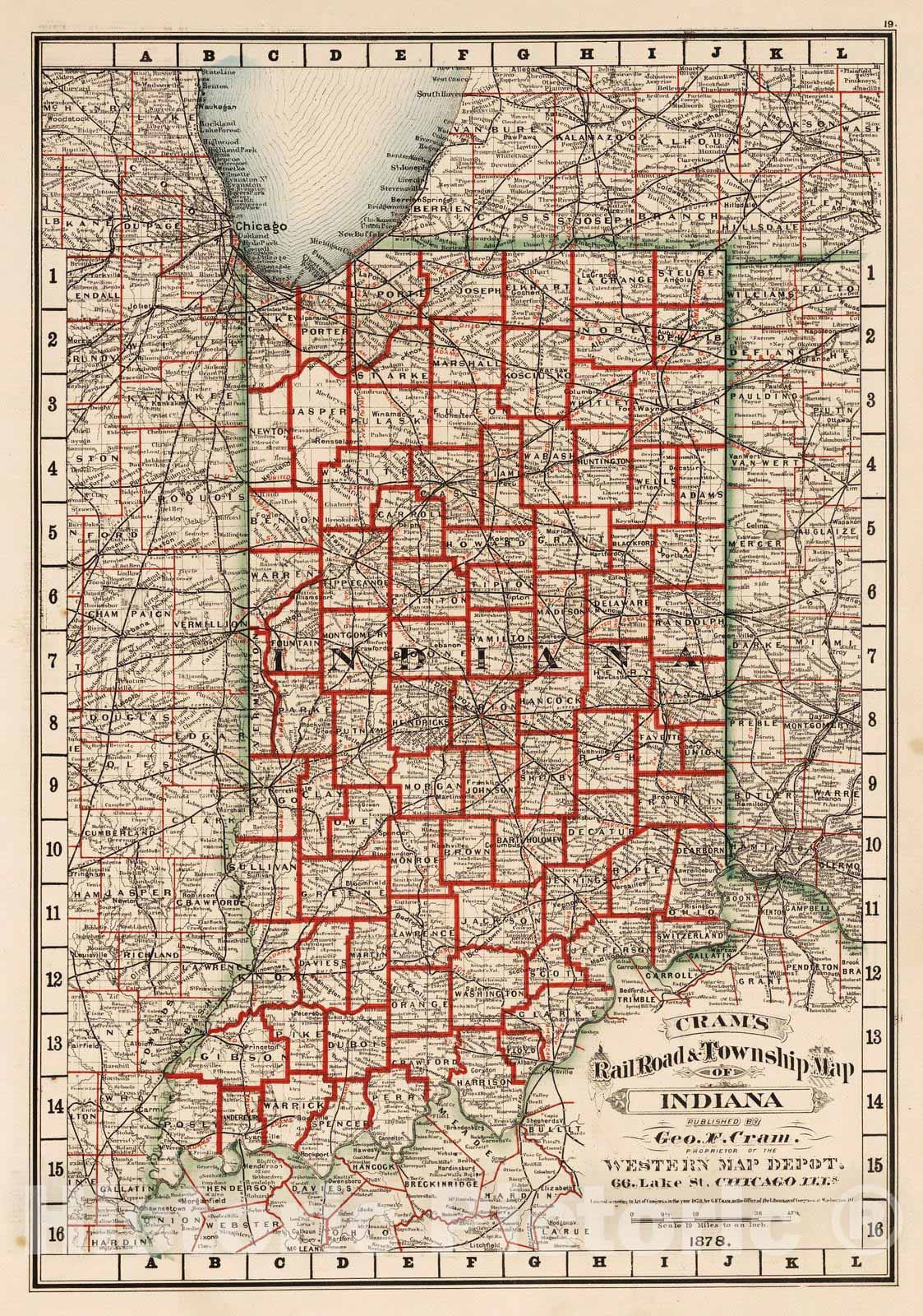 Historic Map : National Atlas - 1878 Indiana. - Vintage Wall Art