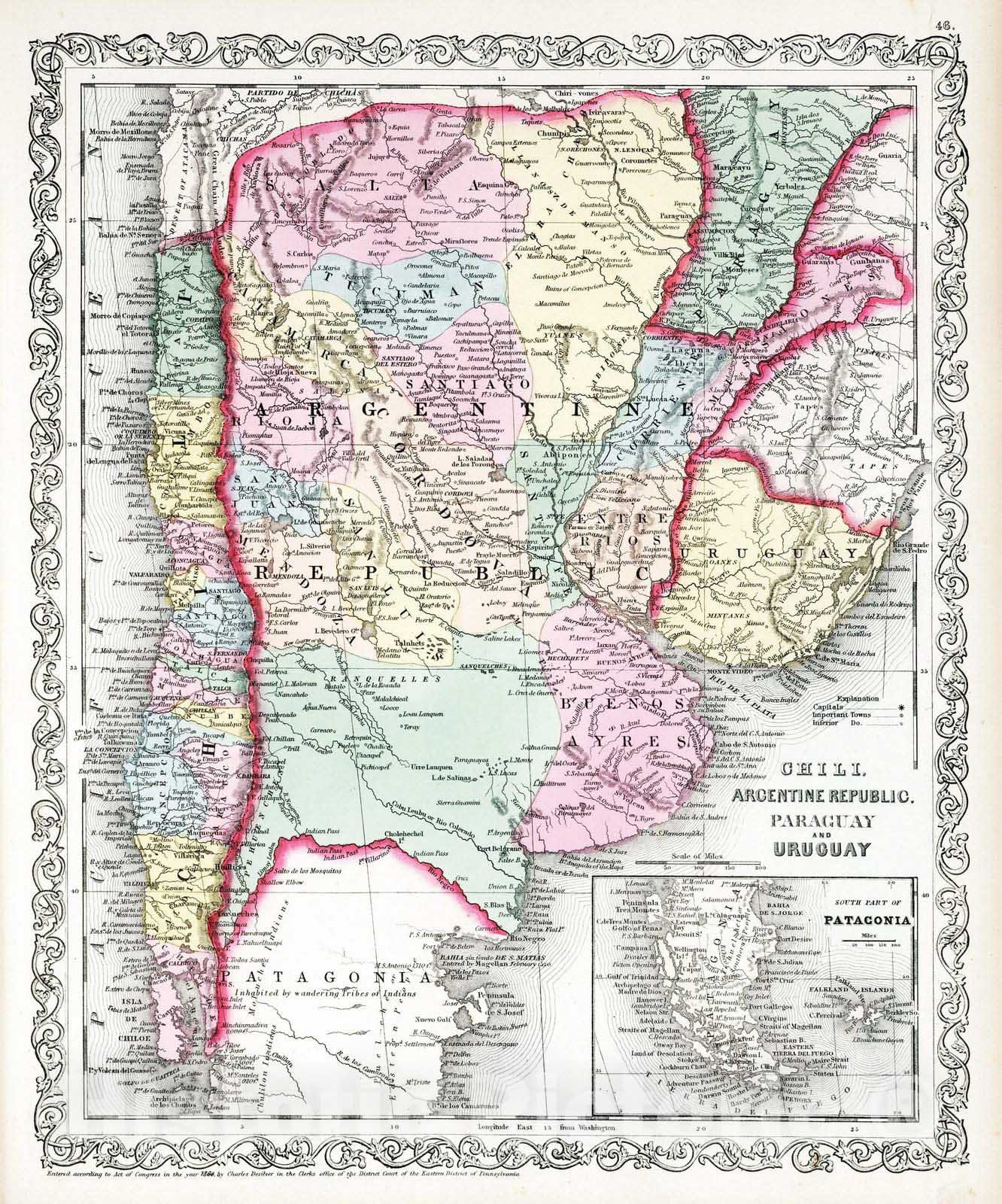 Historic Map : 1860 Chili, Argentine Republic, Paraguay, and Uruguay. - Vintage Wall Art