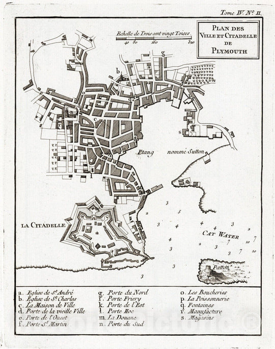 Historic Map : England, , Europe 1764 Plan des villa et Citadelle de Plymouth , Vintage Wall Art