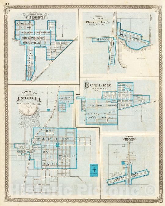 Historic Map : 1876 Town of Angola (with) Fremont, Pleasant Lake, Butler, Orland. - Vintage Wall Art