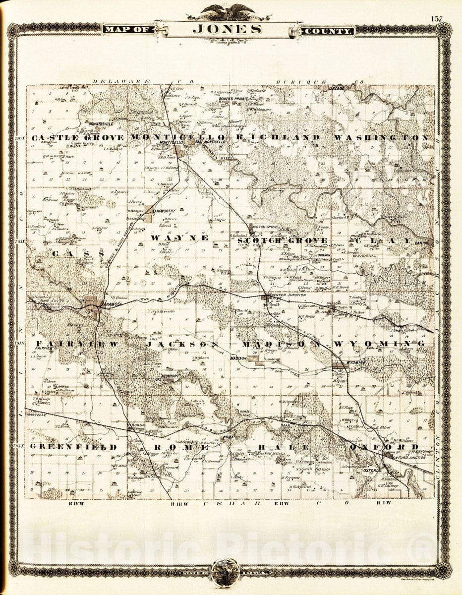 Historic Map - 1875 Map of Jones County, State of Iowa. - Vintage Wall Art